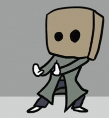 a cartoon character with a paper bag on his head is standing in front of a sign that says oxd