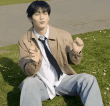 a man wearing a jacket and tie is sitting in the grass