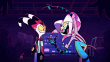 two cartoon characters are standing next to each other and one has a clock on his chest