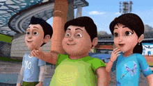 three cartoon characters are standing next to each other with one wearing a shirt that says yo on it