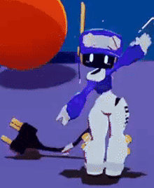 a cartoon character in a purple and white outfit is standing next to an orange ball and a plug .