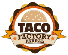 a logo for taco factory parral with a taco in the middle