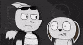 two cartoon characters are standing next to each other in a dark room .
