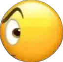 a yellow smiley face with a black eye and a slight smirk .