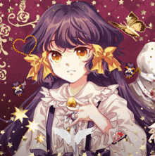a girl with purple hair and yellow bows is surrounded by stars