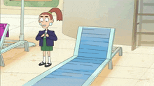 a cartoon girl is standing next to a blue chair