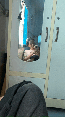 a woman taking a picture of herself in a mirror with a phone