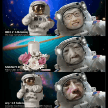 a collage of images of an astronaut with a candle and flowers