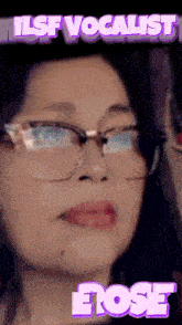 a close up of a woman 's face with the words iisf vocalist erose written above her
