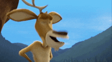 a cartoon deer is standing in front of a mountain with its mouth open
