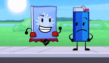 a book and a lighter are standing next to each other in a cartoon .
