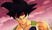 a close up of a cartoon character 's face with a pink sky in the background
