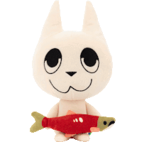a stuffed animal is holding a red fish in its mouth