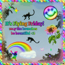 a colorful greeting card that says it 's flying friday may the branches be bountiful < 3