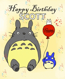 a birthday card with a totoro holding a red balloon with the name tavo on it