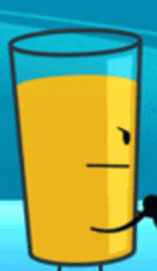 a cartoon drawing of a glass of orange juice with a face and arms