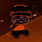 a pixel art of a cartoon character wearing sunglasses and a hat is standing in a dark room .