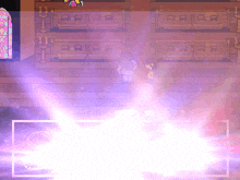 a pixel art of a person standing in a room with a purple light coming out of it