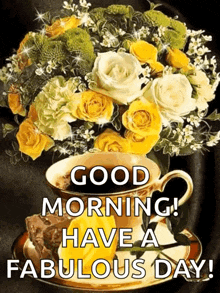 a bouquet of yellow and white roses is in a cup on a saucer next to a cup of coffee .