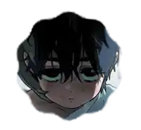 a drawing of a boy with black hair and red eyes has the letters l-o-o-e on the bottom