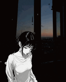 a black and white drawing of a girl standing in front of a window at night