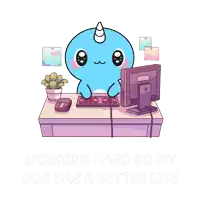 a narwhal is sitting at a desk typing on a computer with the words working hard so my dog has a better life below it