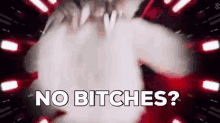 a close up of a person 's face with the words `` no bitches ? ''