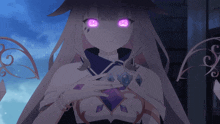 a girl with purple eyes is holding a purple diamond