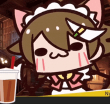 a cartoon of a girl in a maid outfit with a cup of tea in front of her