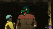 a cartoon of a man and a crocodile with a 3look icon in the corner