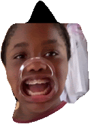 a close up of a child 's face with a bubble in his mouth
