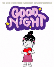 a girl holding a heart in front of a good night sign