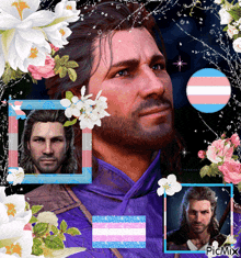 a picture of a man surrounded by flowers has the word picmix on it