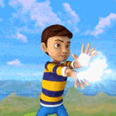 a boy in a yellow and blue striped shirt is holding a light in his hands