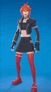 a girl with red hair is wearing red stockings and red shoes
