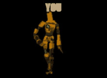a yellow robot is walking in a dark room with the words you above it
