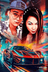 a painting of a man and a woman with a car in the background that says toonme.com