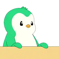 a green and white penguin with a yellow beak is sitting on a table