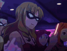 a girl with purple hair is holding a light stick