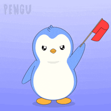 a blue and white penguin is holding a red flag and the word pengu is on the bottom