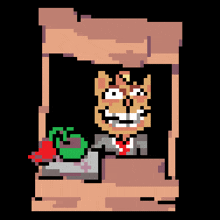a pixel art of a cat holding a green frog