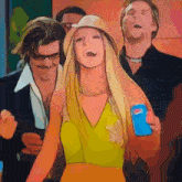 a woman in a yellow dress holds a blue pepsi can