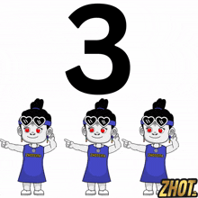 three cartoon characters with hearts on their eyes and the number 3 in the background