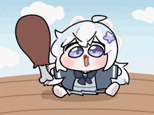a cartoon drawing of a girl holding a large piece of meat
