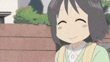 a cartoon girl is smiling while sitting on a bench in front of a wooden fence .