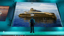 a man stands in front of a large screen that says ' bmeta yachts gallery '