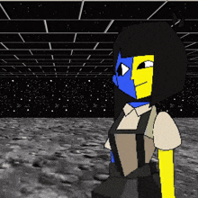 a pixel art drawing of a girl with a yellow and blue face