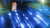 a teddy bear is standing in a dark room with a lot of blue lights .