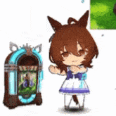 a little girl is standing next to a jukebox and a horse .