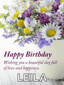 a birthday card for leila with flowers in a vase